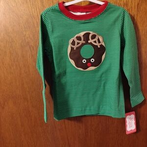 Green Striped Long Sleeve Tee with Reindeer Donut